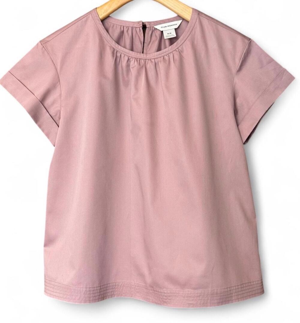 Club Monaco Mauve Pink Gathered Neck Stitched Hem Cuffed Sleeve Top Size Medium